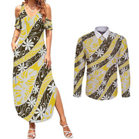 Rearea Tahiti Tiare Monstera Couples Matching Summer Maxi Dress and Long Sleeve Button Shirt Polynesian Pattern Curve Style LT01 Yellow - Polynesian Pride