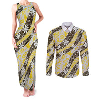 Rearea Tahiti Tiare Monstera Couples Matching Tank Maxi Dress and Long Sleeve Button Shirt Polynesian Pattern Curve Style - Polynesian Pride