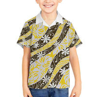 Rearea Tahiti Tiare Monstera Family Matching Long Sleeve Bodycon Dress and Hawaiian Shirt Polynesian Pattern Curve Style LT01 Son's Shirt Yellow - Polynesian Pride