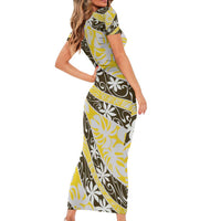Rearea Tahiti Tiare Monstera Family Matching Short Sleeve Bodycon Dress and Hawaiian Shirt Polynesian Pattern Curve Style - Polynesian Pride