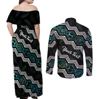 Personalised Taniko Aotearoa Mix Paua Shell Couples Matching Off Shoulder Maxi Dress and Long Sleeve Button Shirt Niho Taniwha Turquoise Glitter
