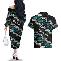 Personalised Taniko Aotearoa Mix Paua Shell Couples Matching Off The Shoulder Long Sleeve Dress and Hawaiian Shirt Niho Taniwha Turquoise Glitter