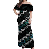 Personalised Taniko Aotearoa Mix Paua Shell Off Shoulder Maxi Dress Niho Taniwha Turquoise Glitter LT01 Women Turquoise - Polynesian Pride
