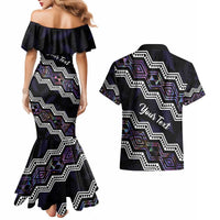 Personalised Taniko Aotearoa Mix Paua Shell Couples Matching Mermaid Dress and Hawaiian Shirt Niho Taniwha Lilac Glitter