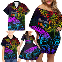 Wellington Pride Family Matching Off Shoulder Short Dress and Hawaiian Shirt Aotearoa Tribal Rainbow Pattern LT01 - Polynesian Pride
