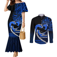 Personalised Hawaii Couples Matching Mermaid Dress and Long Sleeve Button Shirts Maui Be Strong Kakau Blue Version LT01 Blue - Polynesian Pride