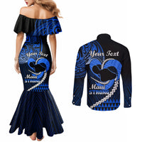 Personalised Hawaii Couples Matching Mermaid Dress and Long Sleeve Button Shirts Maui Be Strong Kakau Blue Version LT01 - Polynesian Pride