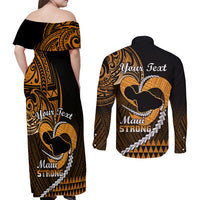 Personalised Hawaii Couples Matching Off Shoulder Maxi Dress and Long Sleeve Button Shirts Maui Be Strong Kakau Gold Version LT01 - Polynesian Pride