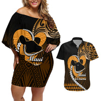 Personalised Hawaii Couples Matching Off Shoulder Short Dress and Hawaiian Shirt Maui Be Strong Kakau Gold Version LT01 Gold - Polynesian Pride