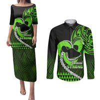 Personalised Hawaii Couples Matching Puletasi Dress and Long Sleeve Button Shirts Maui Be Strong Kakau Green Version LT01 Green - Polynesian Pride