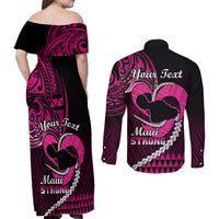 Personalised Hawaii Couples Matching Off Shoulder Maxi Dress and Long Sleeve Button Shirts Maui Be Strong Kakau Pink Version LT01 - Polynesian Pride