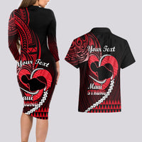 Personalised Hawaii Couples Matching Long Sleeve Bodycon Dress and Hawaiian Shirt Maui Be Strong Kakau Red Version LT01 - Polynesian Pride