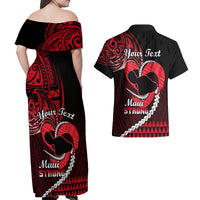 Personalised Hawaii Couples Matching Off Shoulder Maxi Dress and Hawaiian Shirt Maui Be Strong Kakau Red Version LT01 - Polynesian Pride