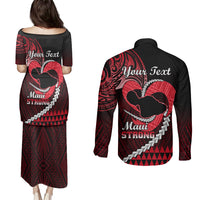 Personalised Hawaii Couples Matching Puletasi Dress and Long Sleeve Button Shirts Maui Be Strong Kakau Red Version LT01 - Polynesian Pride