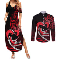 Personalised Hawaii Couples Matching Summer Maxi Dress and Long Sleeve Button Shirts Maui Be Strong Kakau Red Version LT01 Red - Polynesian Pride