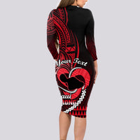 Personalised Hawaii Long Sleeve Bodycon Dress Maui Be Strong Kakau Red Version LT01 - Polynesian Pride