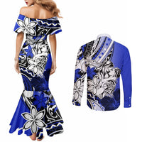 Polynesian Valentine Couples Matching Mermaid Dress and Long Sleeve Button Shirt Couple Floral Unique Blue Version LT01 - Polynesian Pride