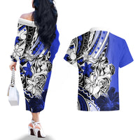 Polynesian Valentine Couples Matching Off The Shoulder Long Sleeve Dress and Hawaiian Shirt Couple Floral Unique Blue Version LT01 - Polynesian Pride