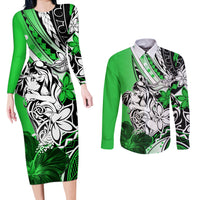 Polynesian Valentine Couples Matching Long Sleeve Bodycon Dress and Long Sleeve Button Shirt Couple Floral Unique Green Version LT01 Green - Polynesian Pride