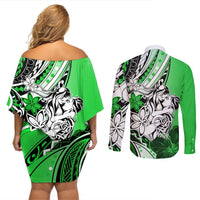 Polynesian Valentine Couples Matching Off Shoulder Short Dress and Long Sleeve Button Shirt Couple Floral Unique Green Version LT01 - Polynesian Pride
