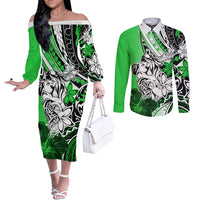 Polynesian Valentine Couples Matching Off The Shoulder Long Sleeve Dress and Long Sleeve Button Shirt Couple Floral Unique Green Version LT01 Green - Polynesian Pride