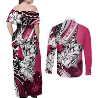 Polynesian Valentine Couples Matching Off Shoulder Maxi Dress and Long Sleeve Button Shirt Couple Floral Unique Pink Version LT01 - Polynesian Pride