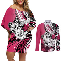 Polynesian Valentine Couples Matching Off Shoulder Short Dress and Long Sleeve Button Shirt Couple Floral Unique Pink Version LT01 Pink - Polynesian Pride