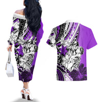Polynesian Valentine Couples Matching Off The Shoulder Long Sleeve Dress and Hawaiian Shirt Couple Floral Unique Purple Version LT01 - Polynesian Pride
