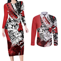 Polynesian Valentine Couples Matching Long Sleeve Bodycon Dress and Long Sleeve Button Shirt Couple Floral Unique Red Version LT01 Red - Polynesian Pride