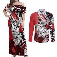 Polynesian Valentine Couples Matching Off Shoulder Maxi Dress and Long Sleeve Button Shirt Couple Floral Unique Red Version LT01 Red - Polynesian Pride