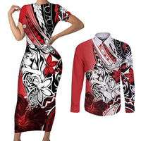 Polynesian Valentine Couples Matching Short Sleeve Bodycon Dress and Long Sleeve Button Shirt Couple Floral Unique Red Version LT01 Red - Polynesian Pride