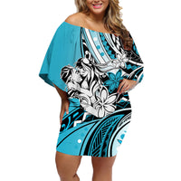 Polynesian Valentine Family Matching Off Shoulder Short Dress and Hawaiian Shirt Couple Floral Unique Sky Blue Version LT01 Mom's Dress Sky - Polynesian Pride