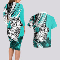 Polynesian Valentine Couples Matching Long Sleeve Bodycon Dress and Hawaiian Shirt Couple Floral Unique Turquoise Version LT01 - Polynesian Pride