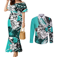 Polynesian Valentine Couples Matching Mermaid Dress and Long Sleeve Button Shirt Couple Floral Unique Turquoise Version LT01 Turquoise - Polynesian Pride