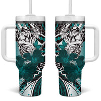 Polynesian Valentine Tumbler With Handle Couple Floral Unique Teal Version