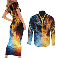 Personalised Polynesian Heart In Fire And Water Couples Matching Short Sleeve Bodycon Dress and Long Sleeve Button Shirt Romantic Elements LT01 - Polynesian Pride