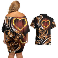 Personalised Polynesian Fiery Heart Couples Matching Off Shoulder Short Dress and Hawaiian Shirt Passionate Love