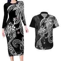 Polynesian Mermaid Plumeria Tribal Tattoo Couples Matching Long Sleeve Bodycon Dress and Hawaiian Shirt
