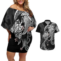 Polynesian Mermaid Plumeria Tribal Tattoo Couples Matching Off Shoulder Short Dress and Hawaiian Shirt