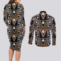 Fiji Brown Masi Pattern Couples Matching Long Sleeve Bodycon Dress and Long Sleeve Button Shirt Fijian Tapa LT01 - Polynesian Pride