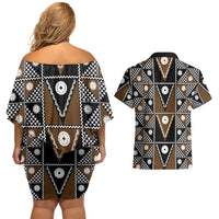 Fiji Brown Masi Pattern Couples Matching Off Shoulder Short Dress and Hawaiian Shirt Fijian Tapa LT01 - Polynesian Pride
