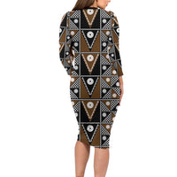 Fiji Brown Masi Pattern Long Sleeve Bodycon Dress Fijian Tapa