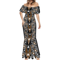 Fiji Brown Masi Pattern Mermaid Dress Fijian Tapa