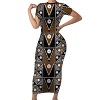 Fiji Brown Masi Pattern Short Sleeve Bodycon Dress Fijian Tapa