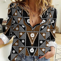 Fiji Brown Masi Pattern Women Casual Shirt Fijian Tapa