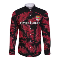 Custom Fiji Rugby Long Sleeve Button Shirt Flying Fijians Red Palm Tree Version LT01 Unisex Black - Polynesian Pride