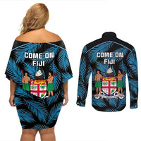 Fiji Rugby Couples Matching Off Shoulder Short Dress and Long Sleeve Button Shirts Flying Fijians Blue Palm Tree Version LT01 - Polynesian Pride