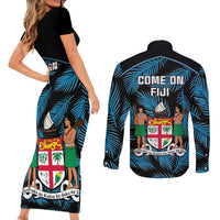 fiji-rugby-couples-matching-short-sleeve-bodycon-dress-and-long-sleeve-button-shirts-flying-fijians-blue-palm-tree-version