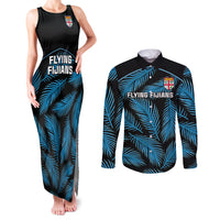fiji-rugby-couples-matching-tank-maxi-dress-and-long-sleeve-button-shirts-flying-fijians-blue-palm-tree-version