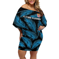 Fiji Rugby Off Shoulder Short Dress Flying Fijians Blue Palm Tree Version LT01 Women Black - Polynesian Pride